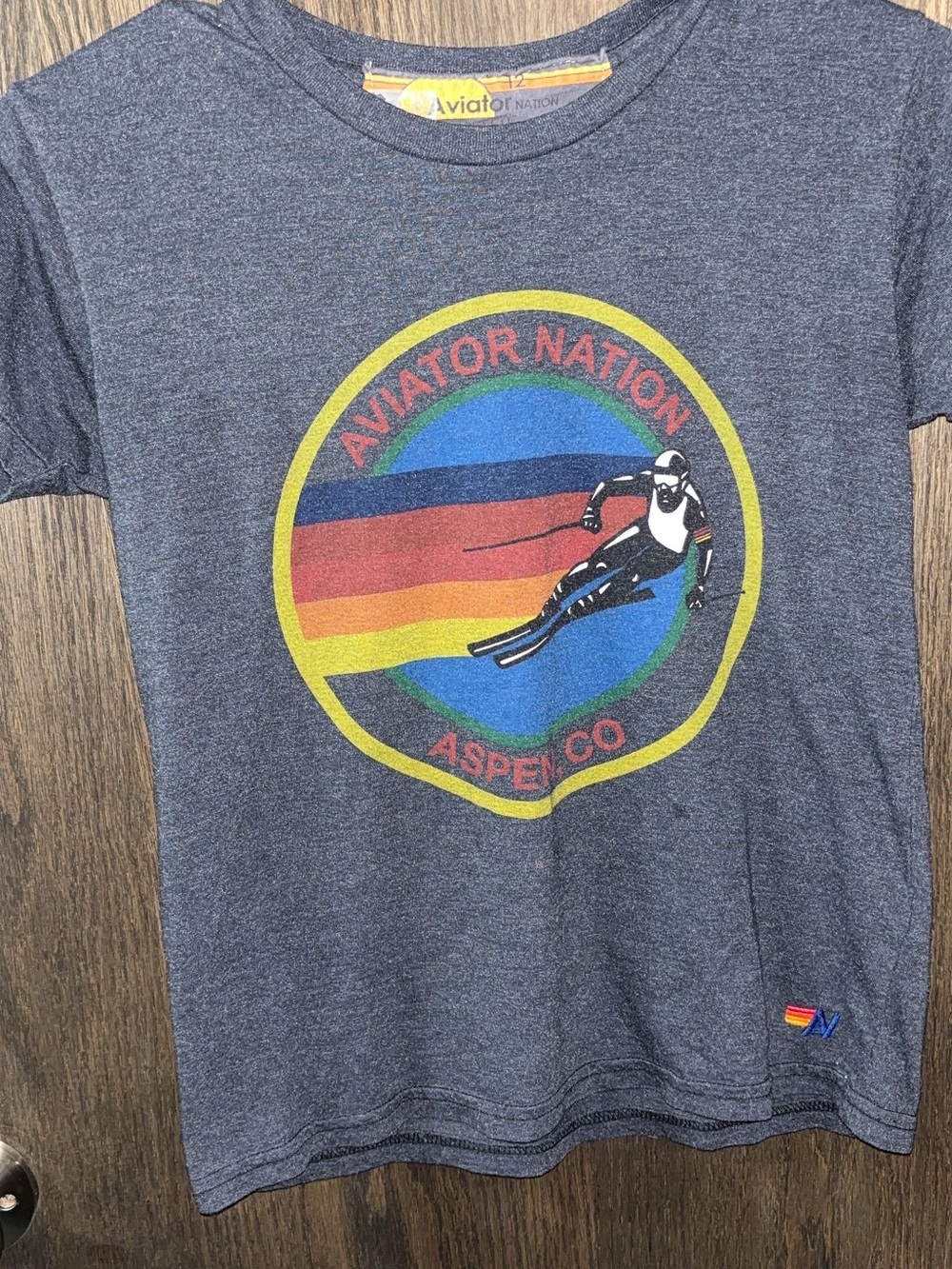 Aviator Nation Heather Navy Kids Ski Graphic Tee with Rainbow Emblem